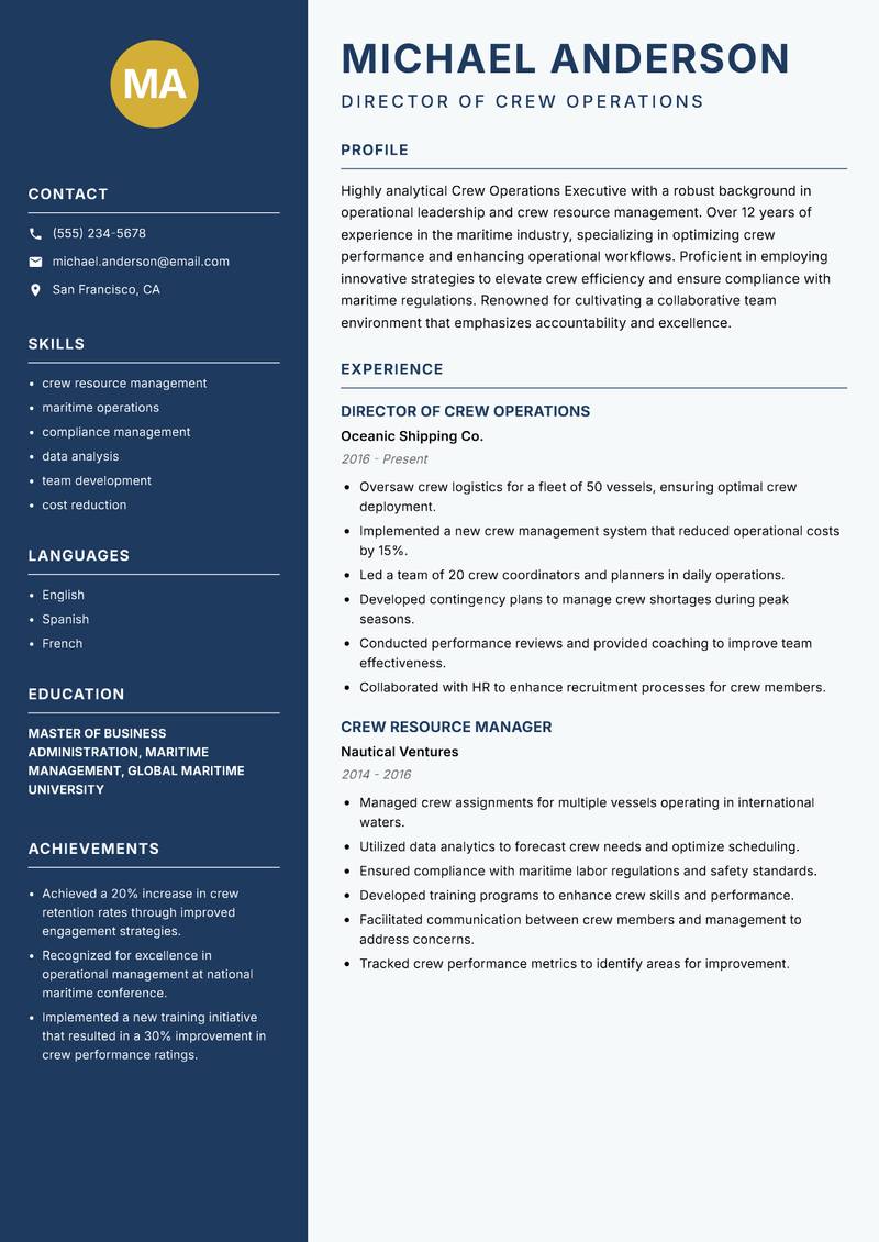 Crew Operations Executive Resume Preview Example