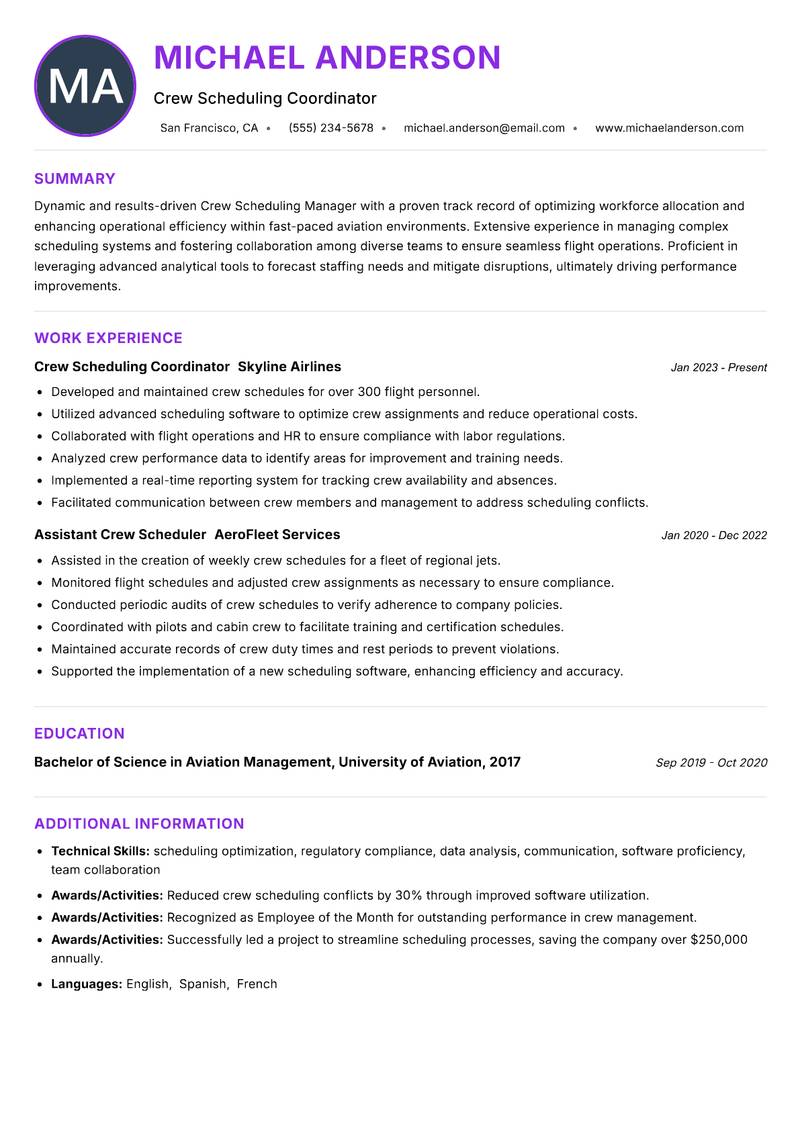 Crew Scheduling Manager Resume Preview Example
