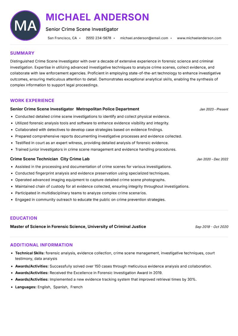 Crime Scene Investigator Resume Preview Example