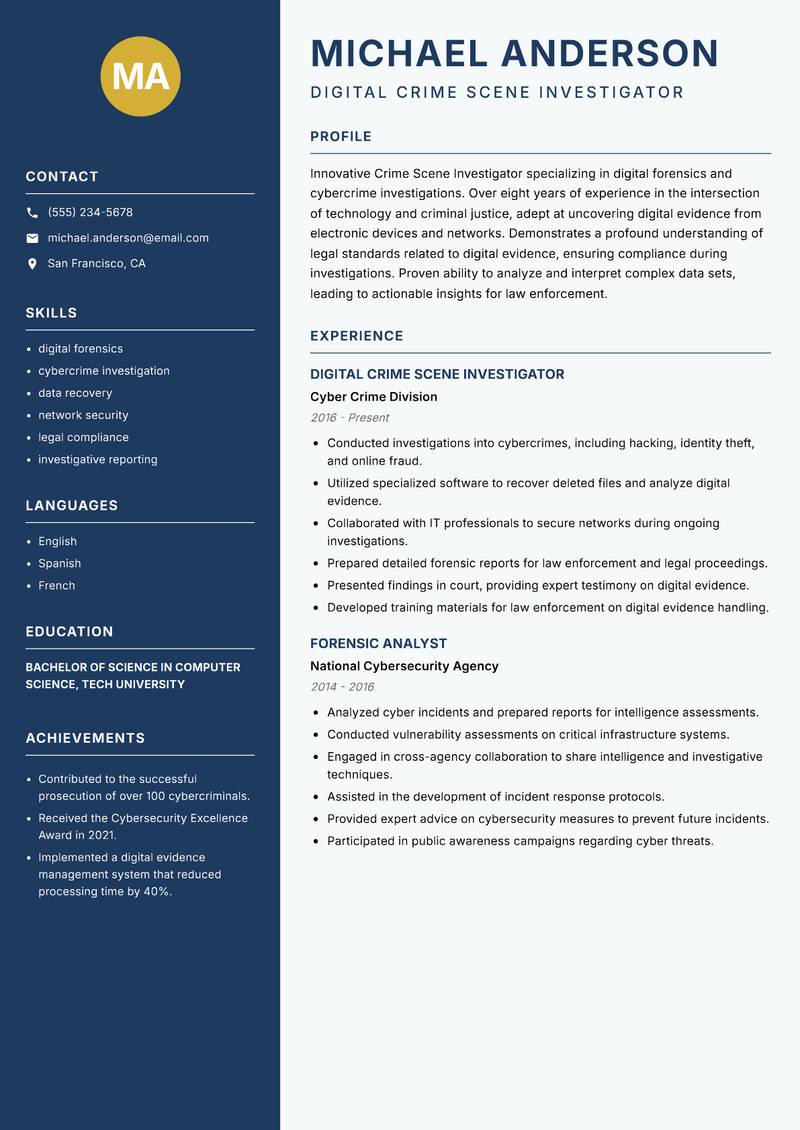 Crime Scene Investigator Resume Preview Example
