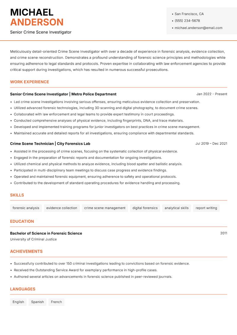Crime Scene Investigator Resume Template