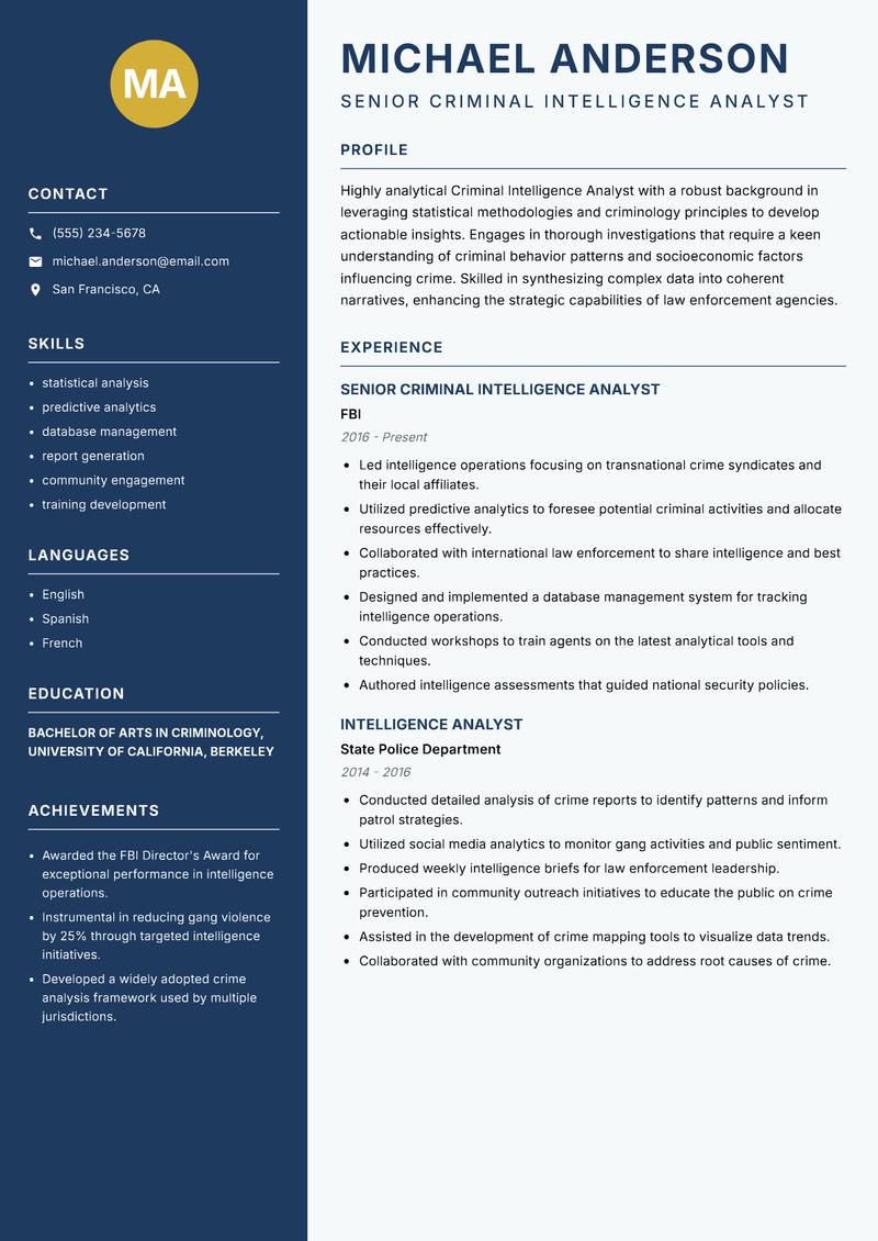 Criminal Intelligence Analyst Resume Preview Example