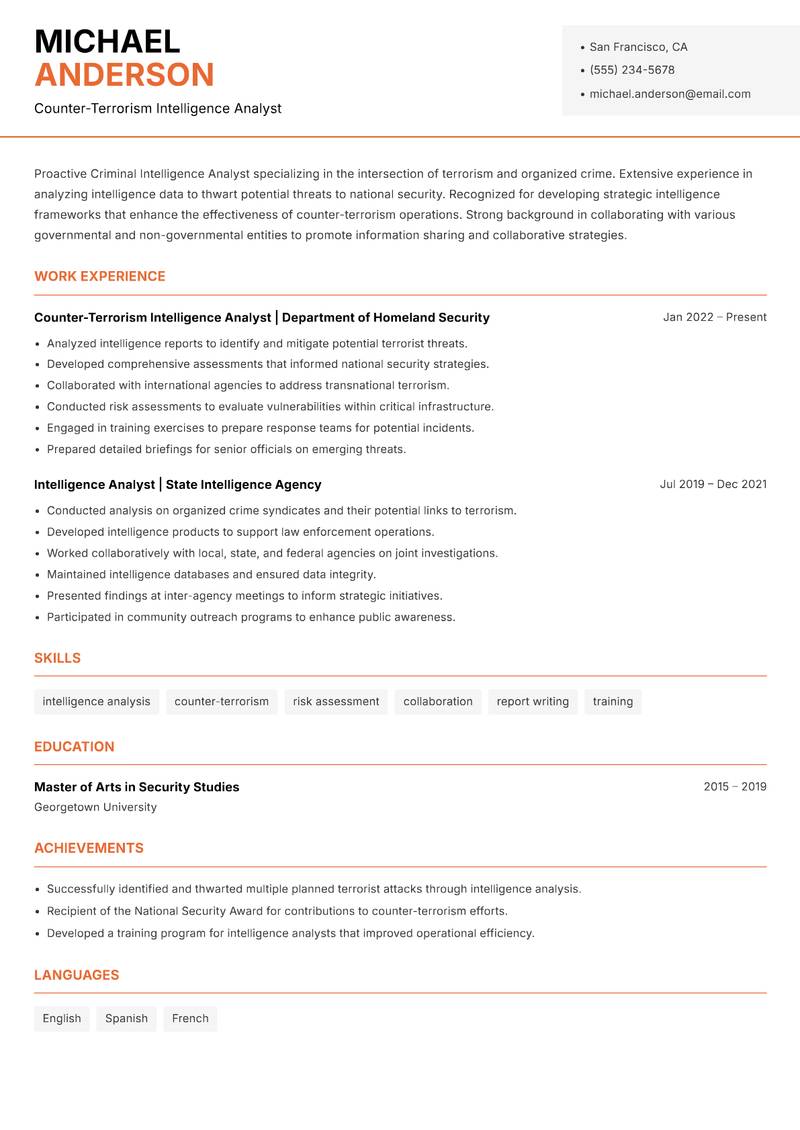 Criminal Intelligence Analyst Resume Template