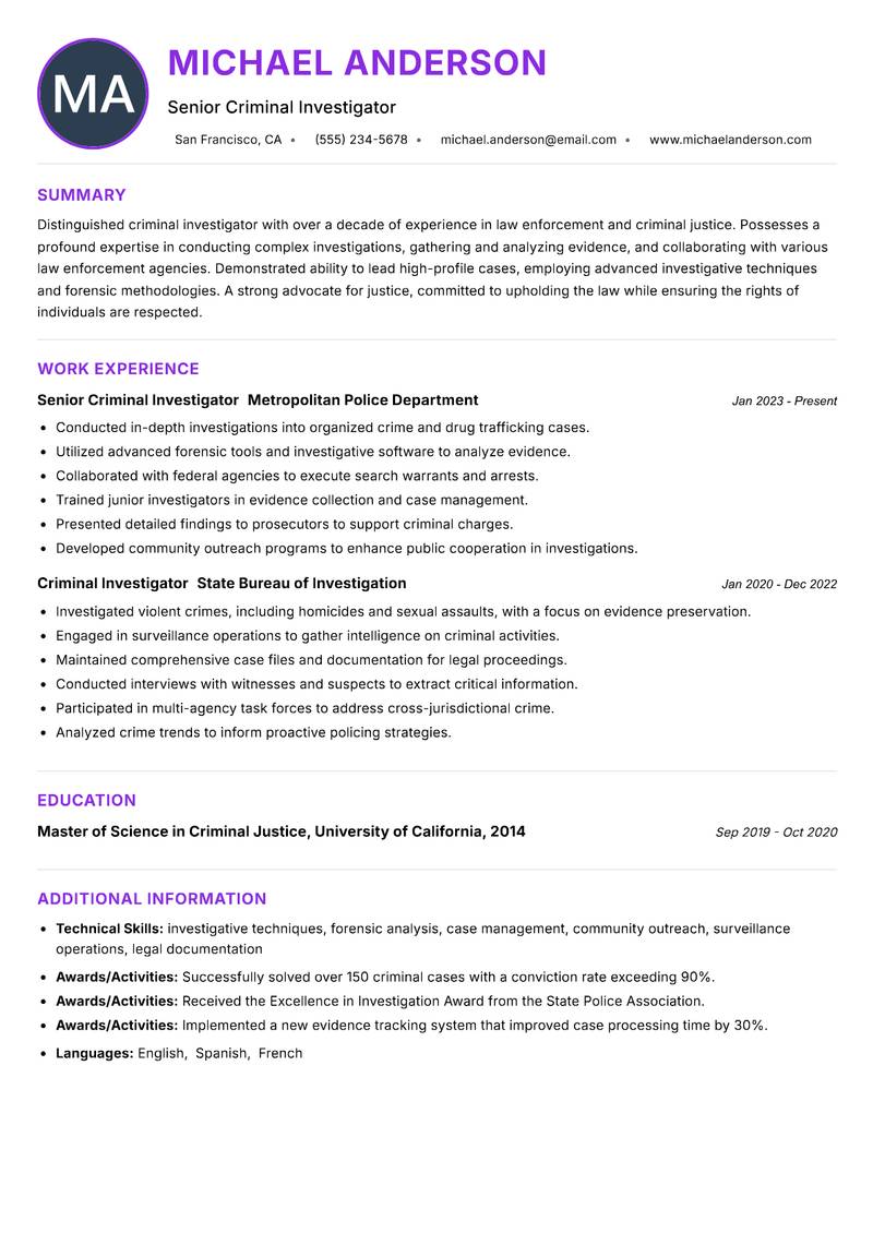 Criminal Investigator Resume Preview Example