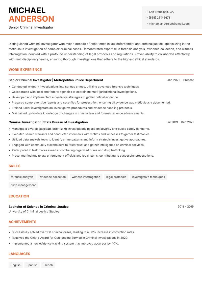 Criminal Investigator Resume Template