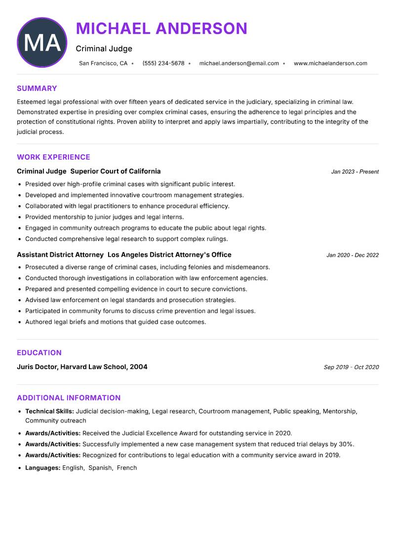 Criminal Judge Resume Preview Example