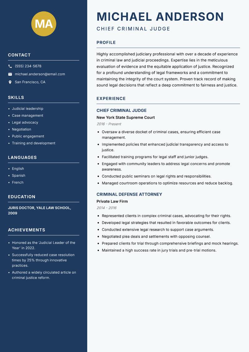 Criminal Judge Resume Preview Example
