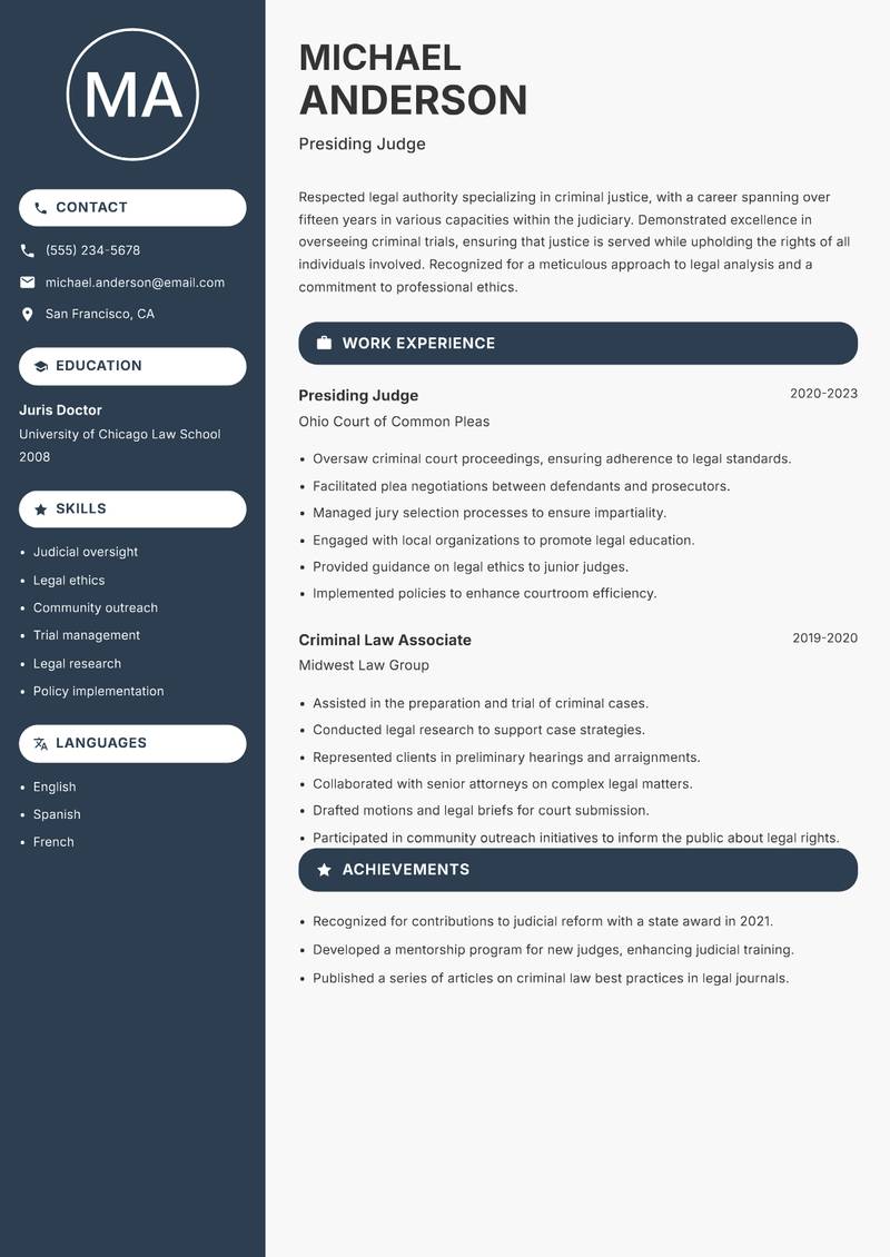 Criminal Judge Resume Preview Example