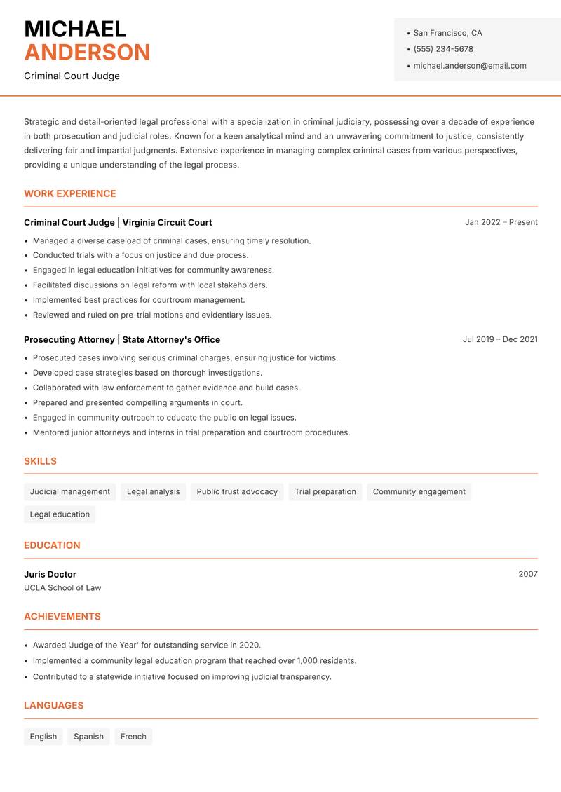 Criminal Judge Resume Template