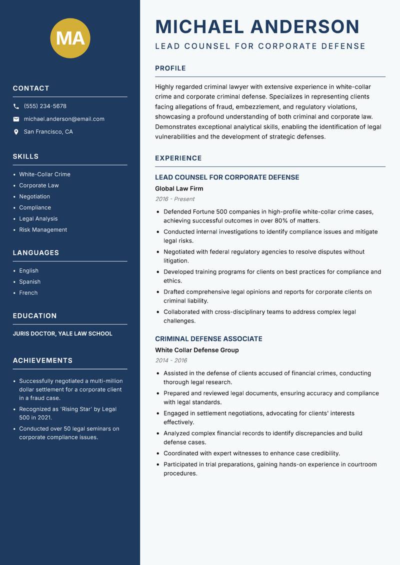 Criminal Lawyer Resume Preview Example