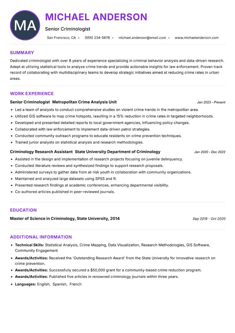 Criminologist Resume Preview Example