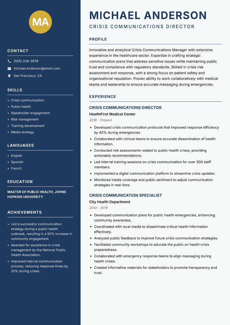 Crisis Communications Manager Resume Preview Example