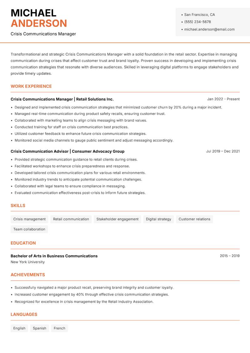 Crisis Communications Manager Resume Template