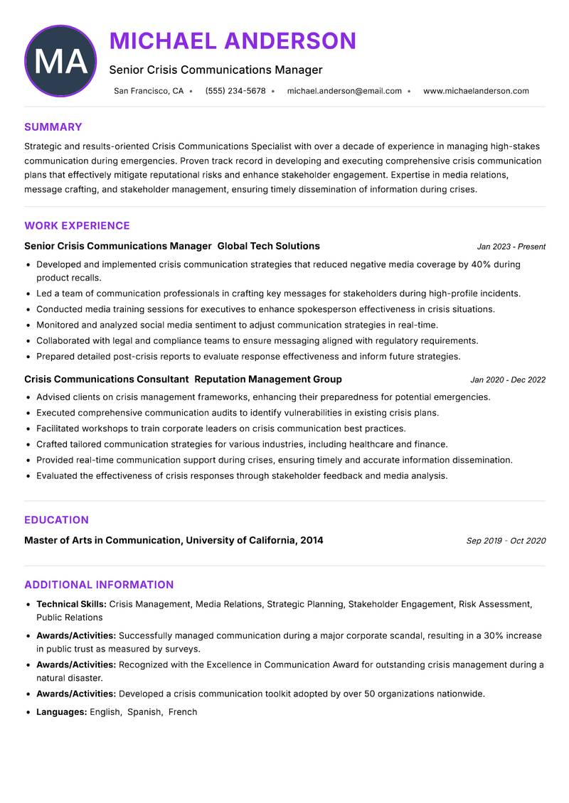 Crisis Communications Specialist Resume Preview Example