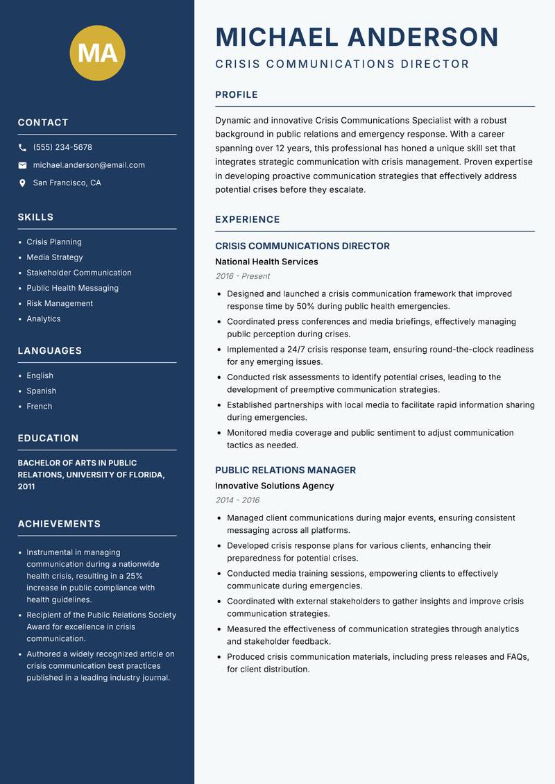 Crisis Communications Specialist Resume Preview Example