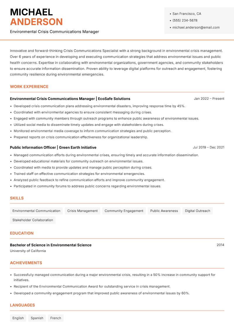 Crisis Communications Specialist Resume Template
