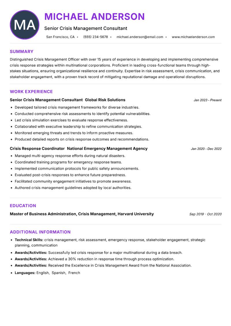 Crisis Management Officer Resume Preview Example