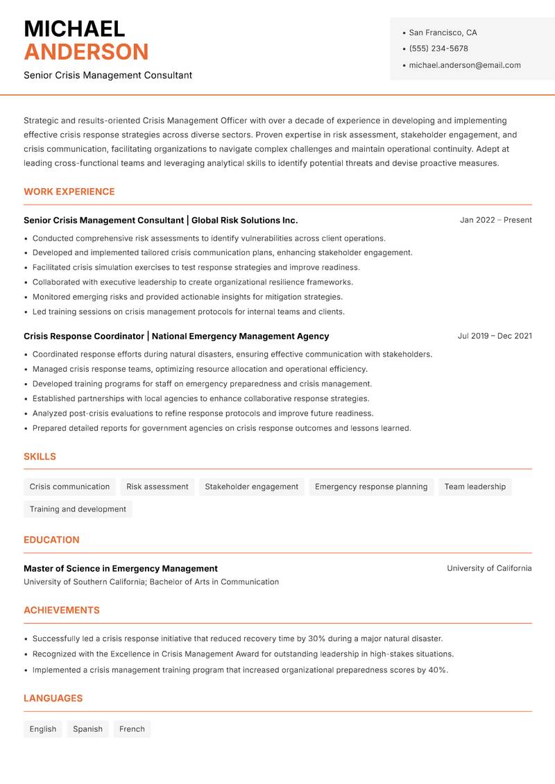 Crisis Management Officer Resume Template