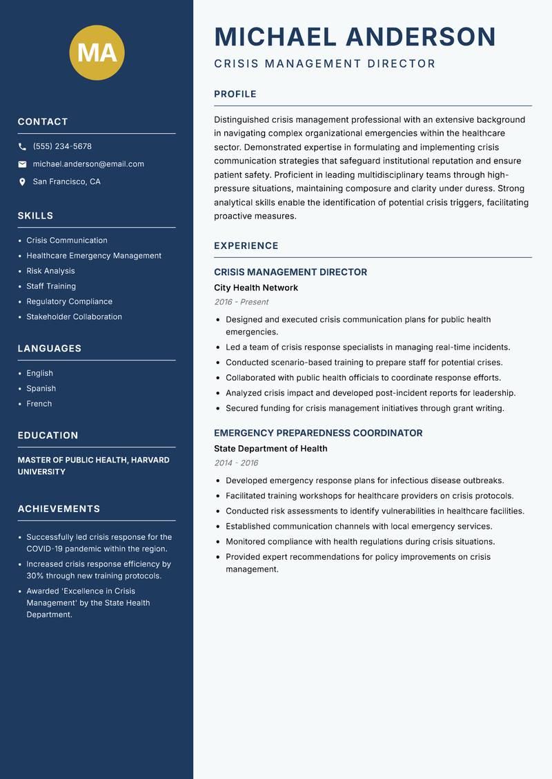 Crisis Management Specialist Resume Preview Example
