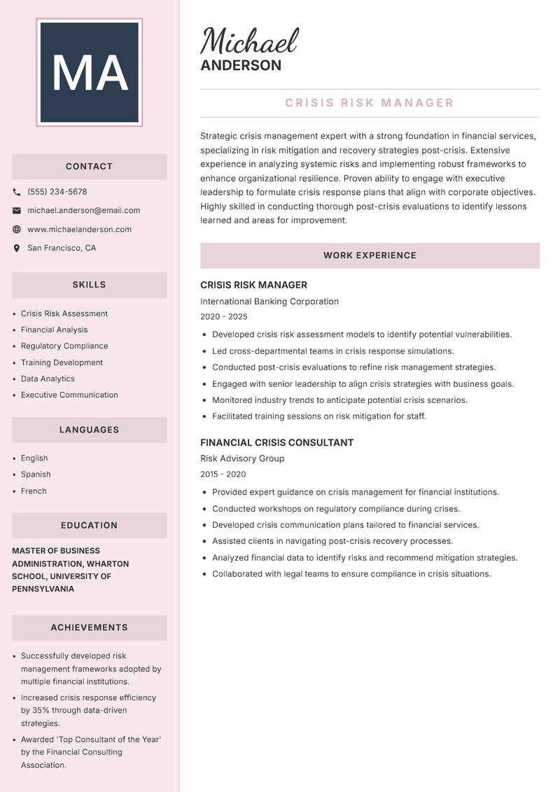 Crisis Management Specialist Resume Preview Example