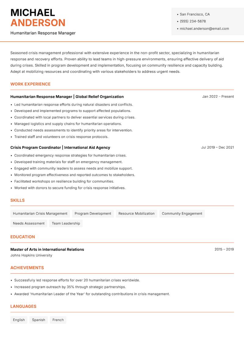 Crisis Management Specialist Resume Template
