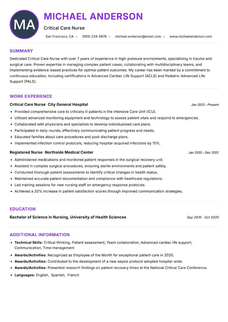 Critical Care Nurse Resume Preview Example