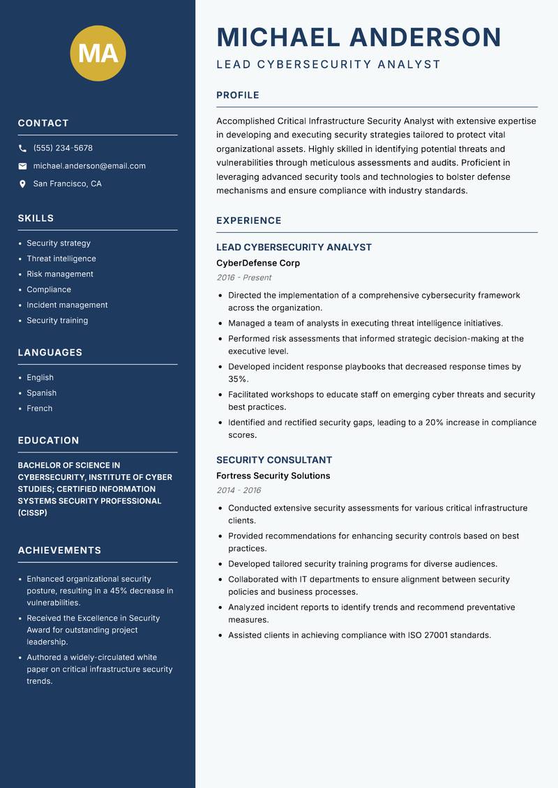 Critical Infrastructure Security Analyst Resume Preview Example