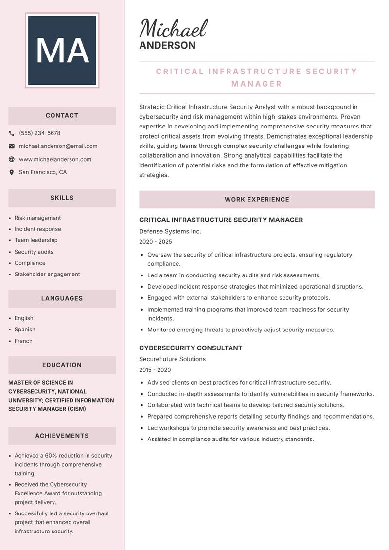 Critical Infrastructure Security Analyst Resume Preview Example