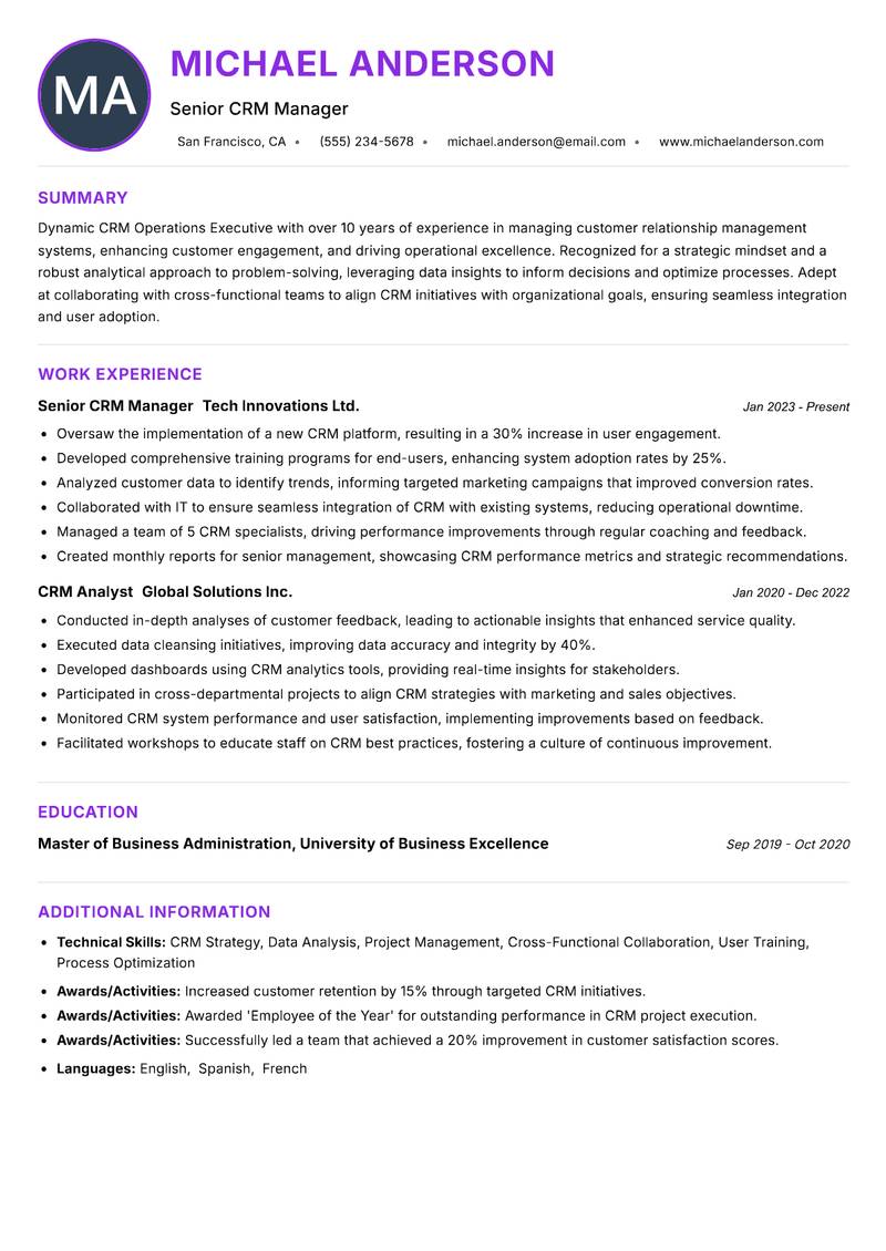CRM Operations Executive Resume Preview Example