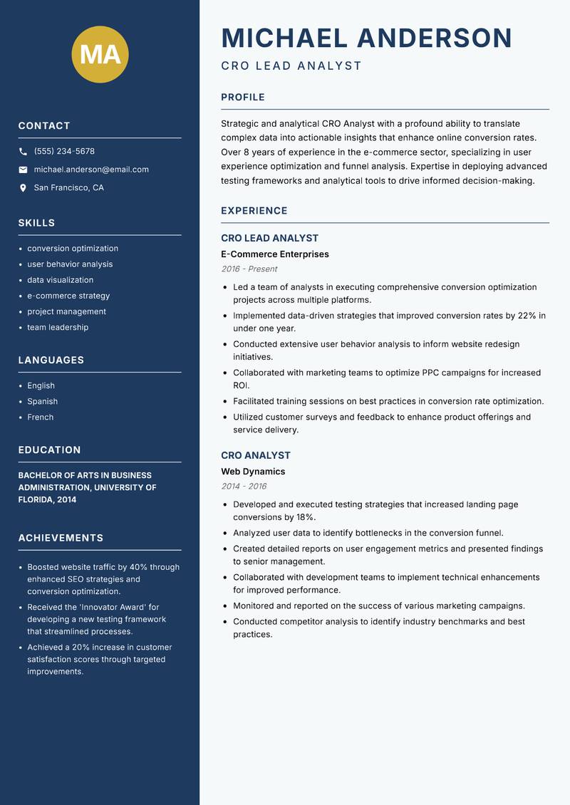 CRO Analyst Resume Preview Example