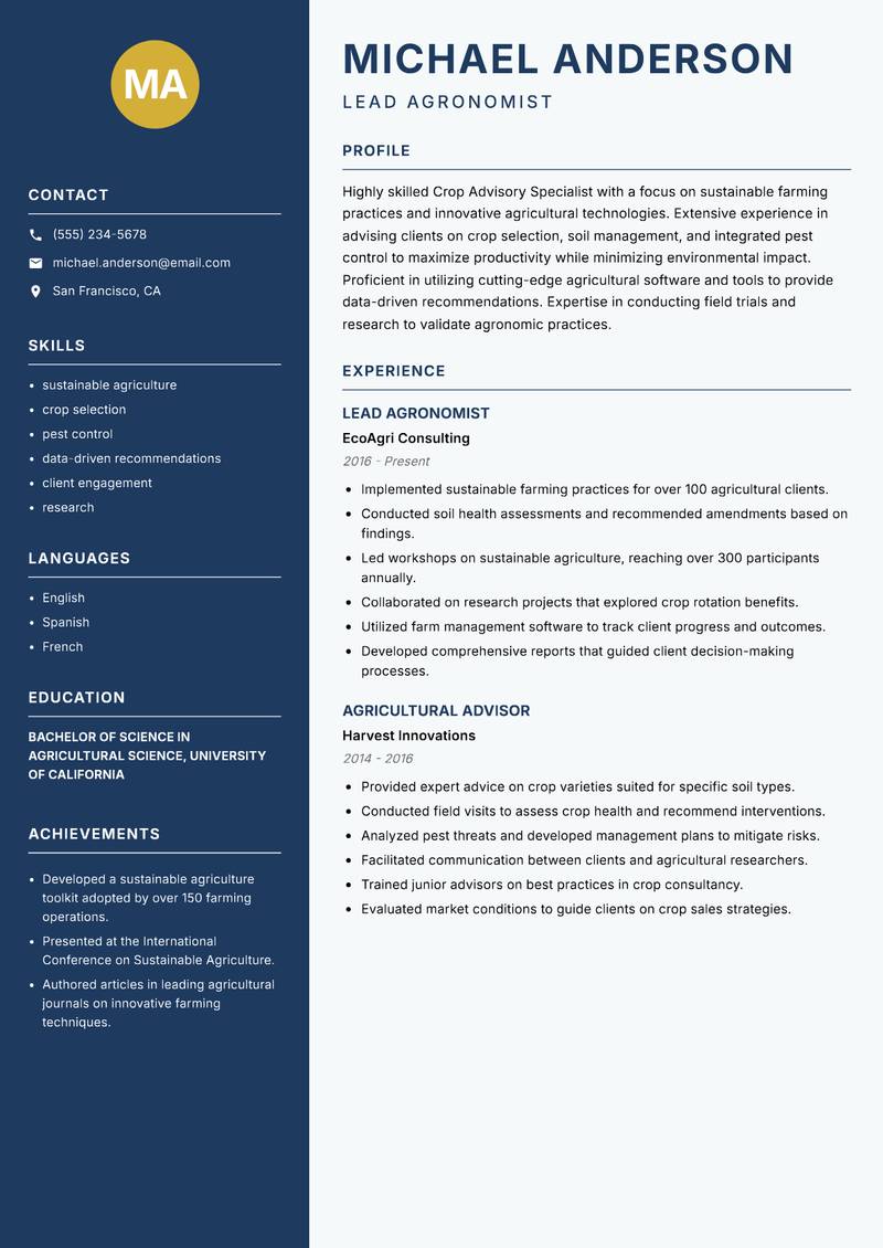 Crop Advisory Specialist Resume Preview Example