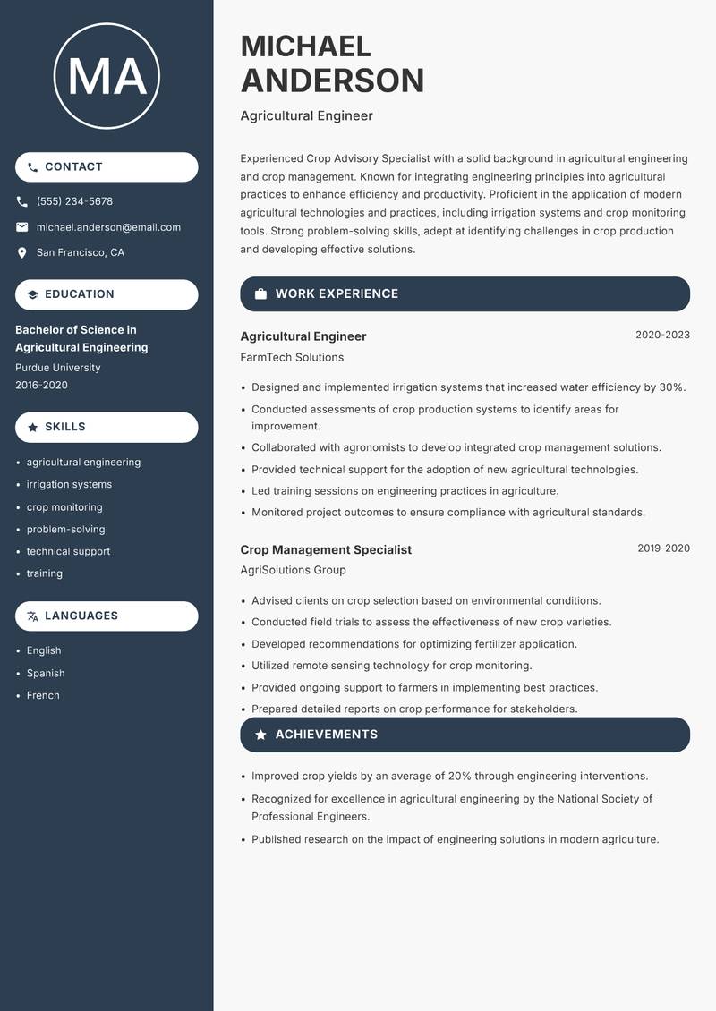 Crop Advisory Specialist Resume Preview Example
