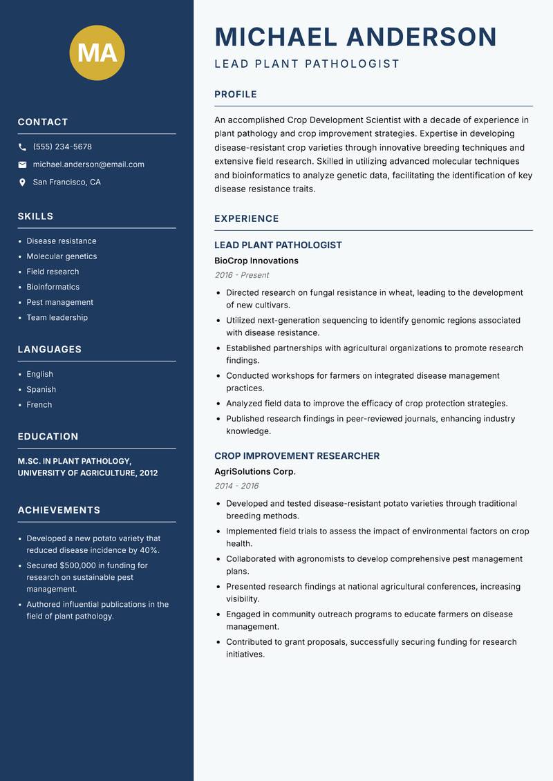 Crop Development Scientist Resume Preview Example