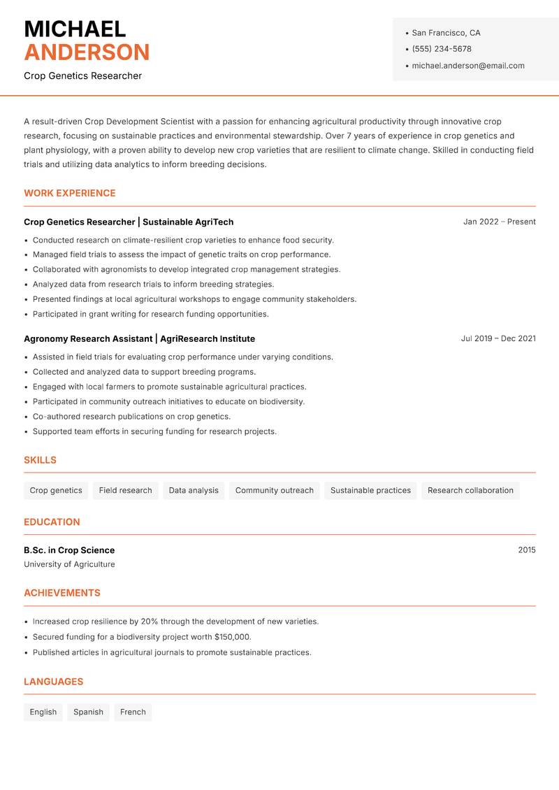 Crop Development Scientist Resume Template