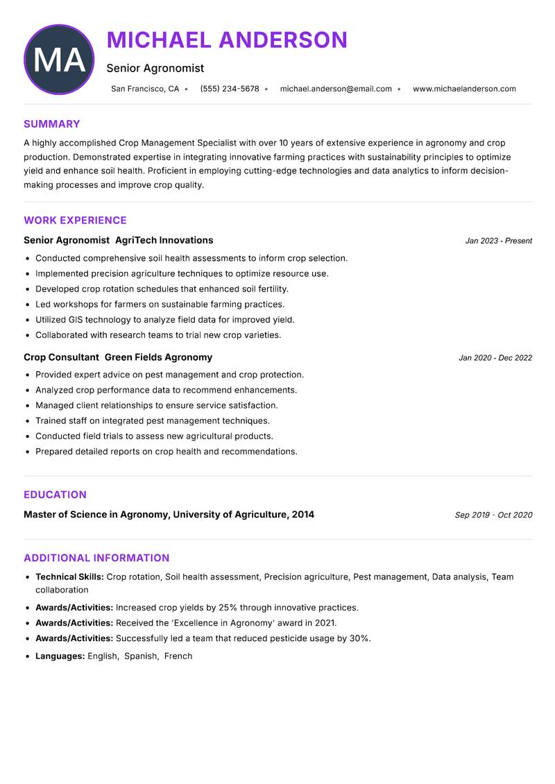 Crop Management Specialist Resume Preview Example