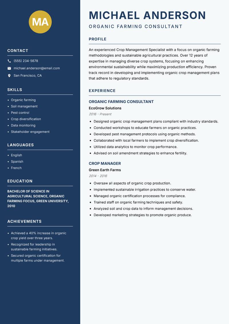 Crop Management Specialist Resume Preview Example