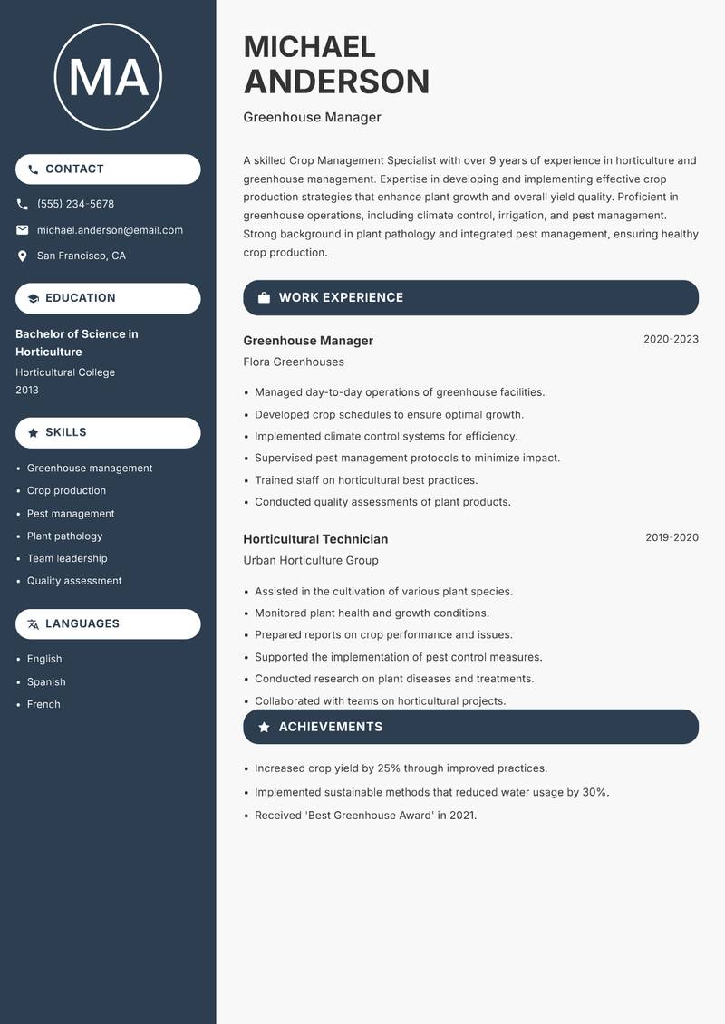 Crop Management Specialist Resume Preview Example