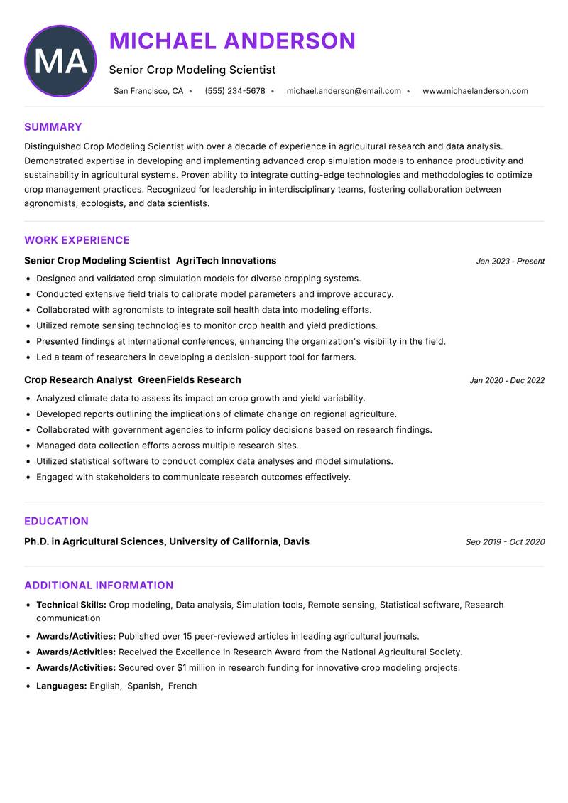 Crop Modeling Scientist Resume Preview Example