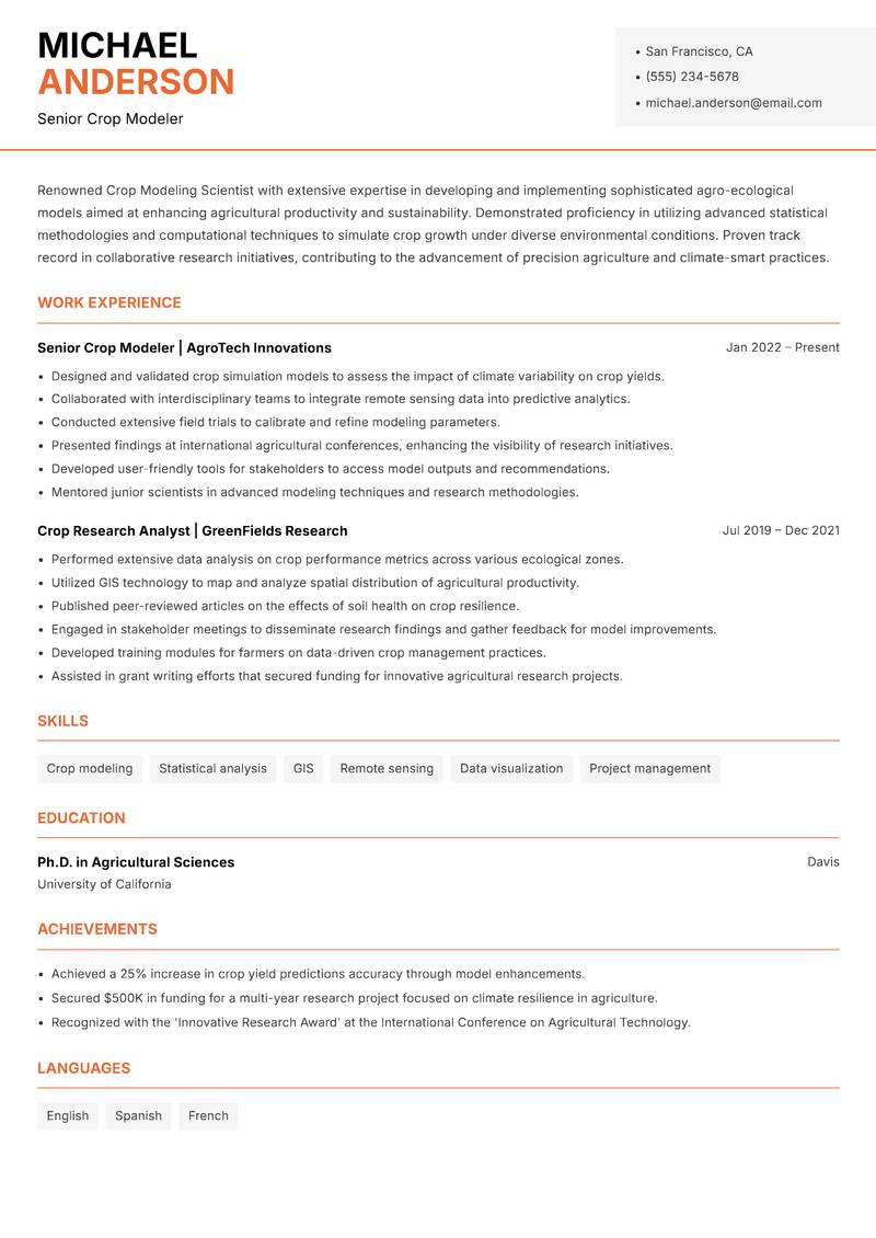 Crop Modeling Scientist Resume Template