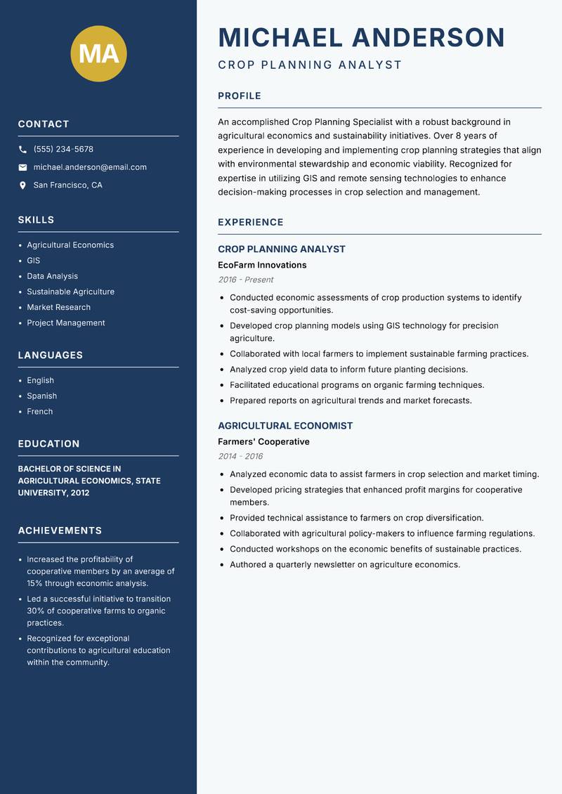 Crop Planning Specialist Resume Preview Example