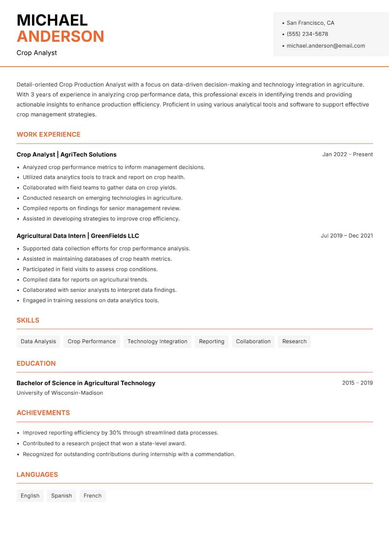 Crop Production Analyst Resume Template