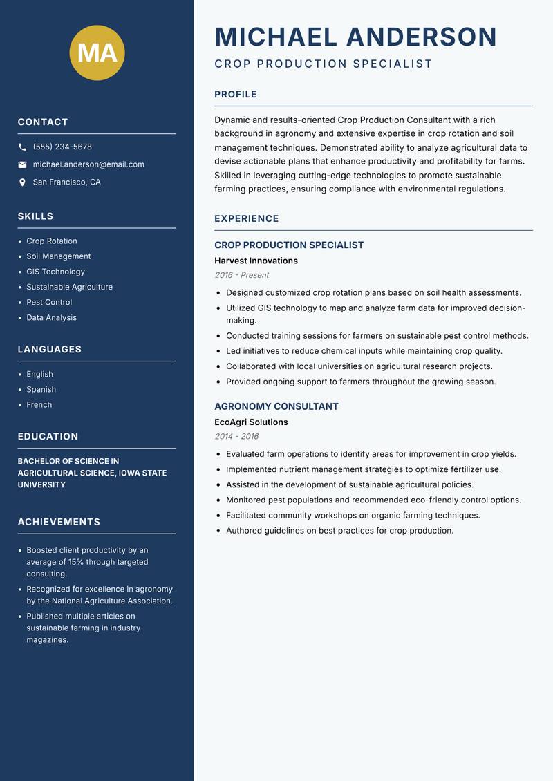 Crop Production Consultant Resume Preview Example