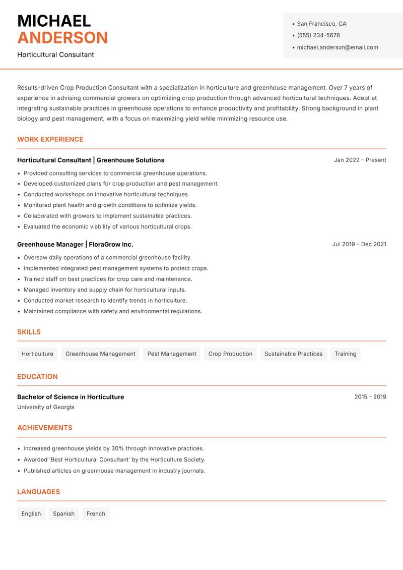 Crop Production Consultant Resume Template