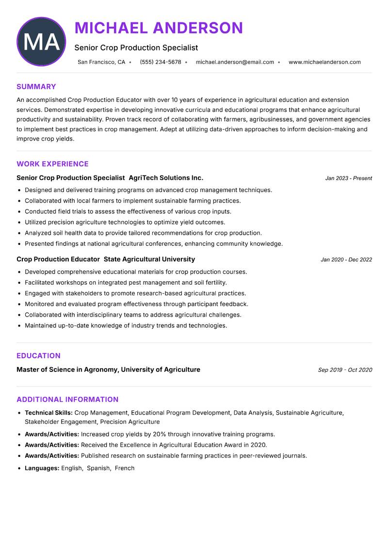 Crop Production Educator Resume Preview Example