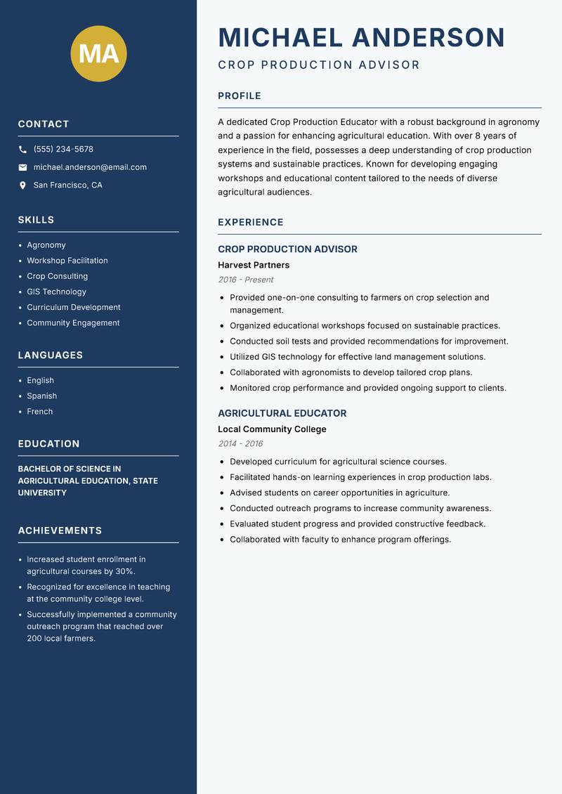 Crop Production Educator Resume Preview Example