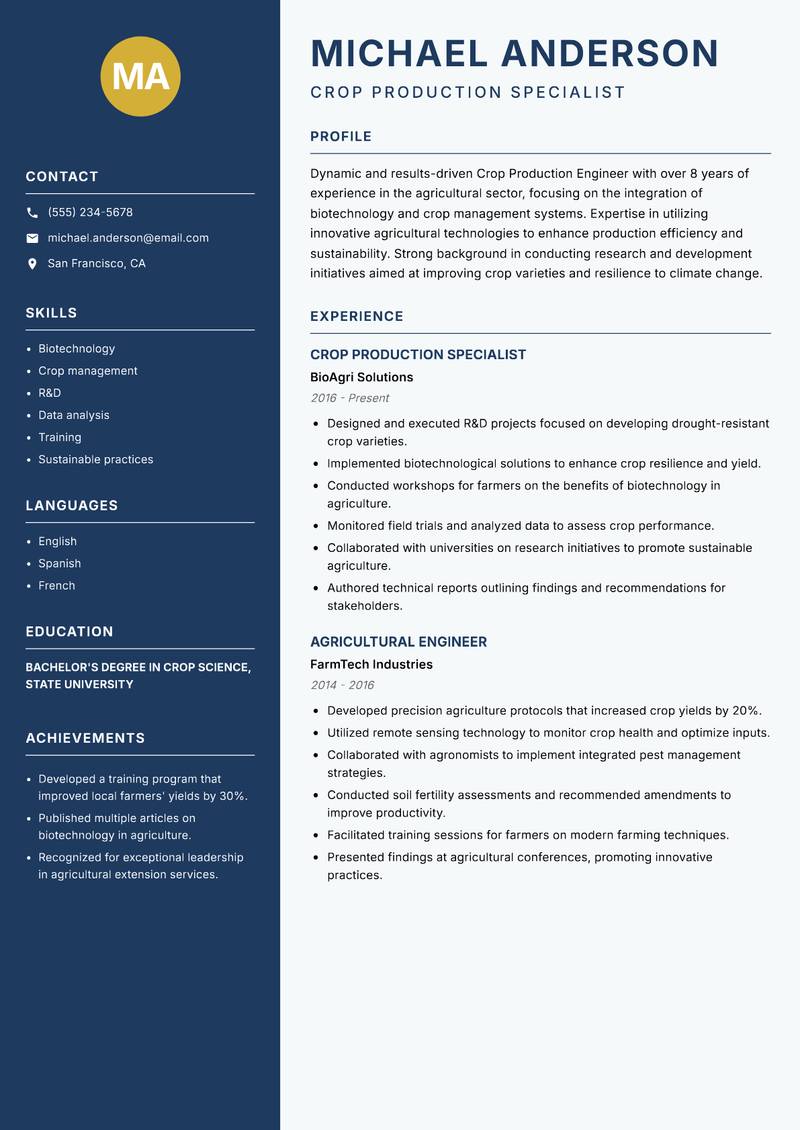 Crop Production Engineer Resume Preview Example