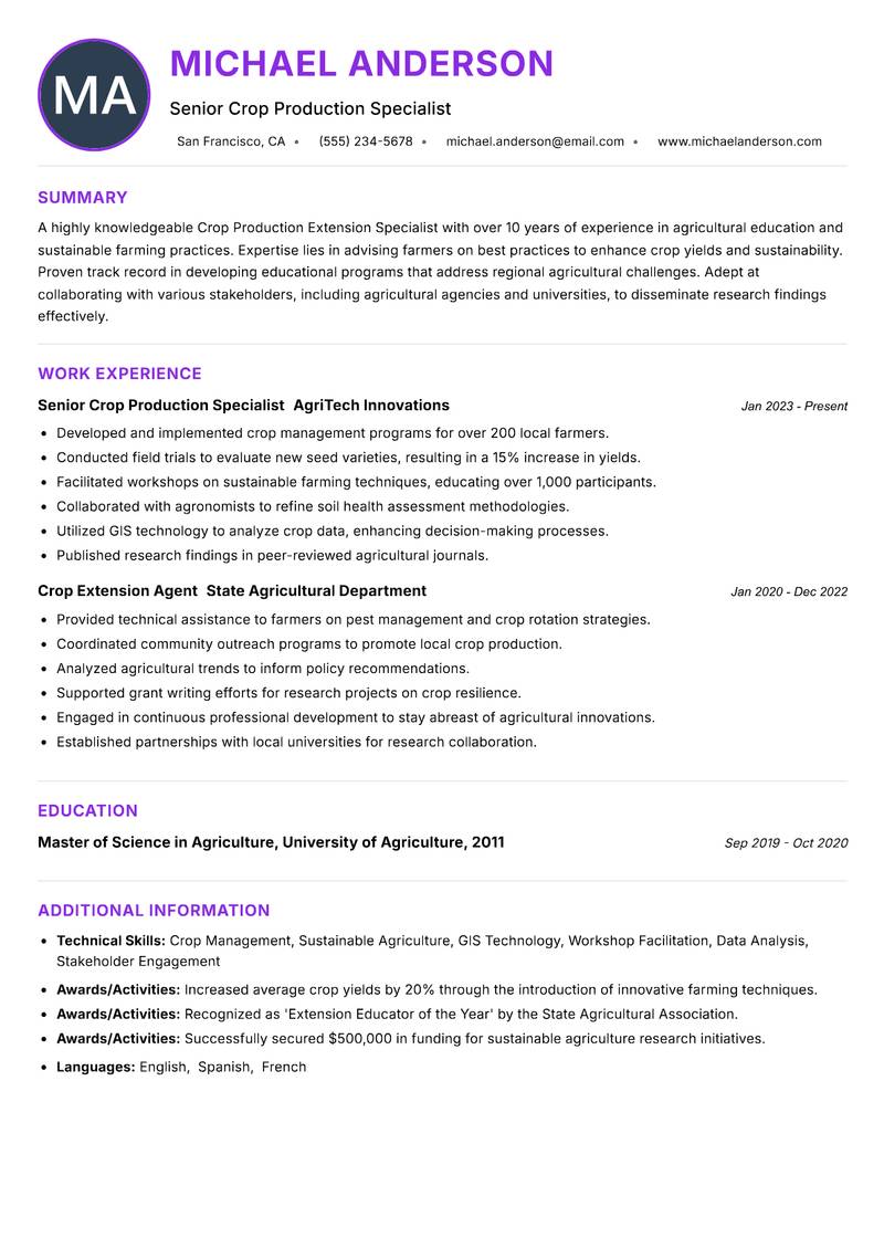 Crop Production Extension Specialist Resume Preview Example