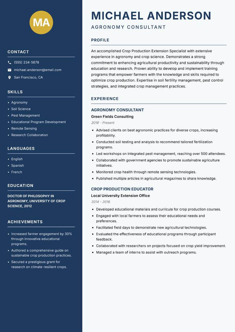 Crop Production Extension Specialist Resume Preview Example
