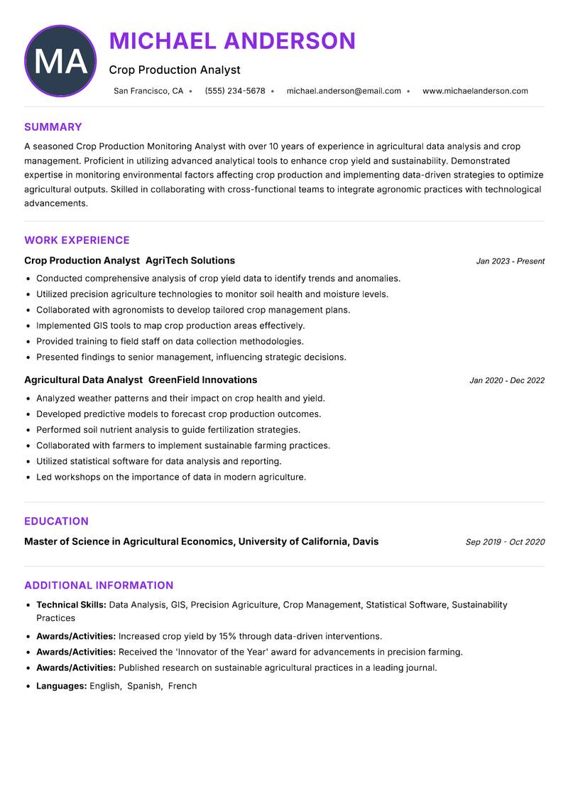Crop Production Monitoring Analyst Resume Preview Example
