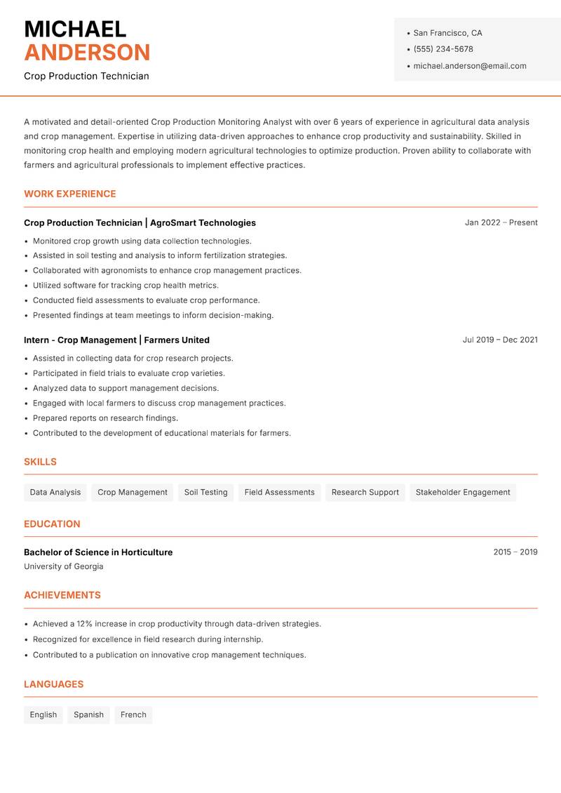 Crop Production Monitoring Analyst Resume Template
